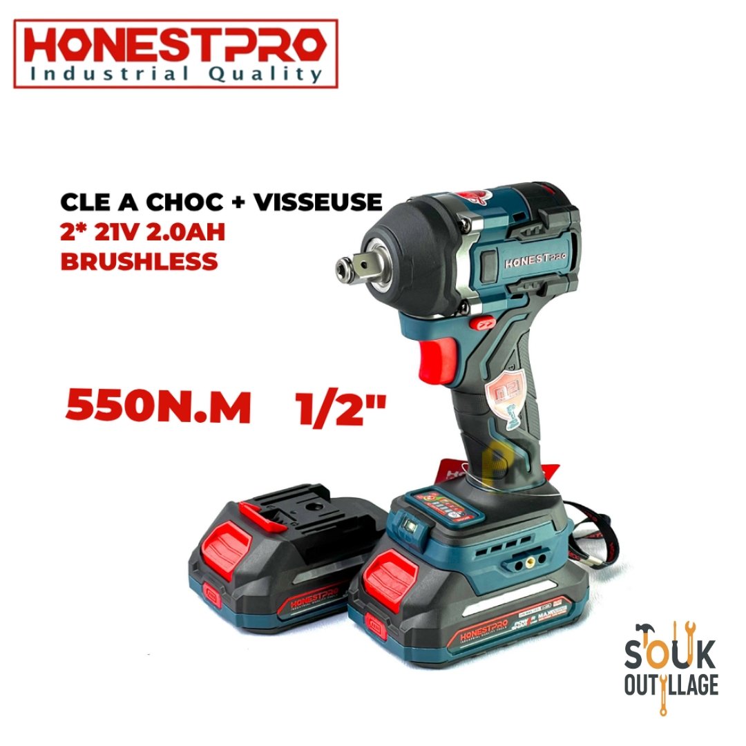 Clé à chocs et visseuse sans fil HONESTPRO 21V – 2.0Ah – 550 N.m – 1/2" Brushless YAE6118 – Image 3