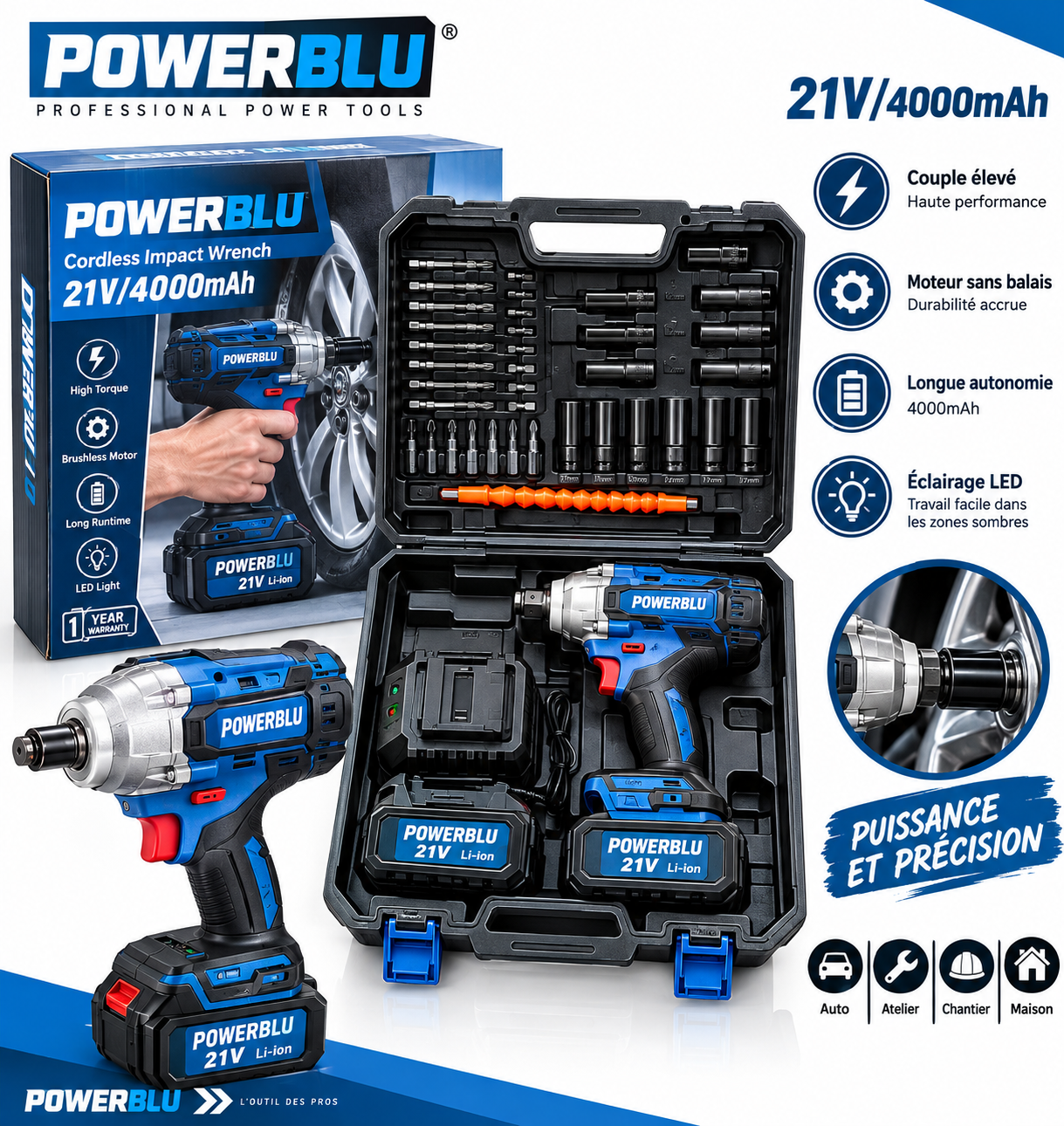 Boulonneuse VISSEUSE A Batterie 21V- POWERBLU 320NM 4AH