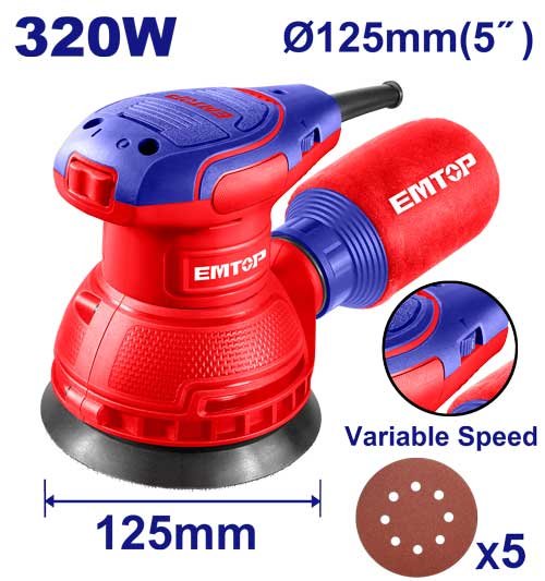 Ponceuse À Main Orbitale À Semelle Vibrante 320w Base De 125 Mm Avec Du Papier De Verre 5pcs EMTOP EFSR23201