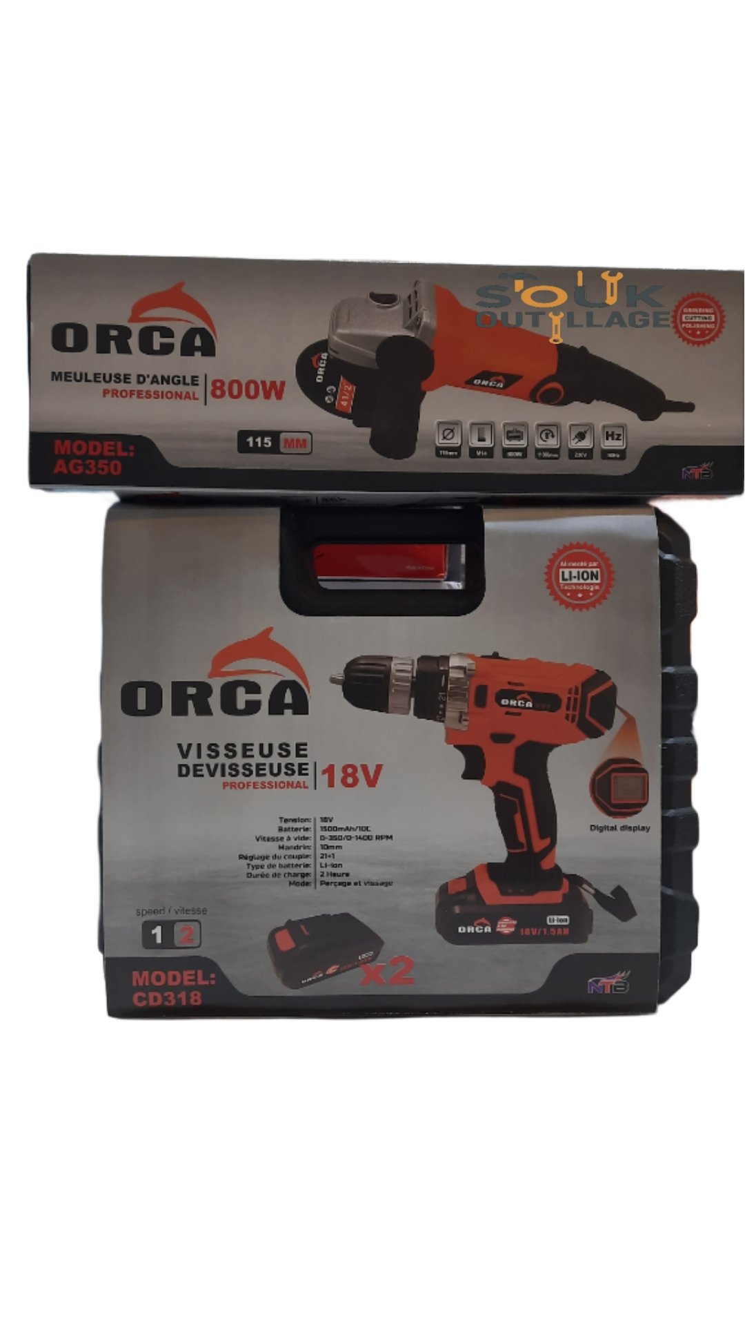 Pack promo ORCA : visseuse 18V double batterie et tronçonneuse 800W