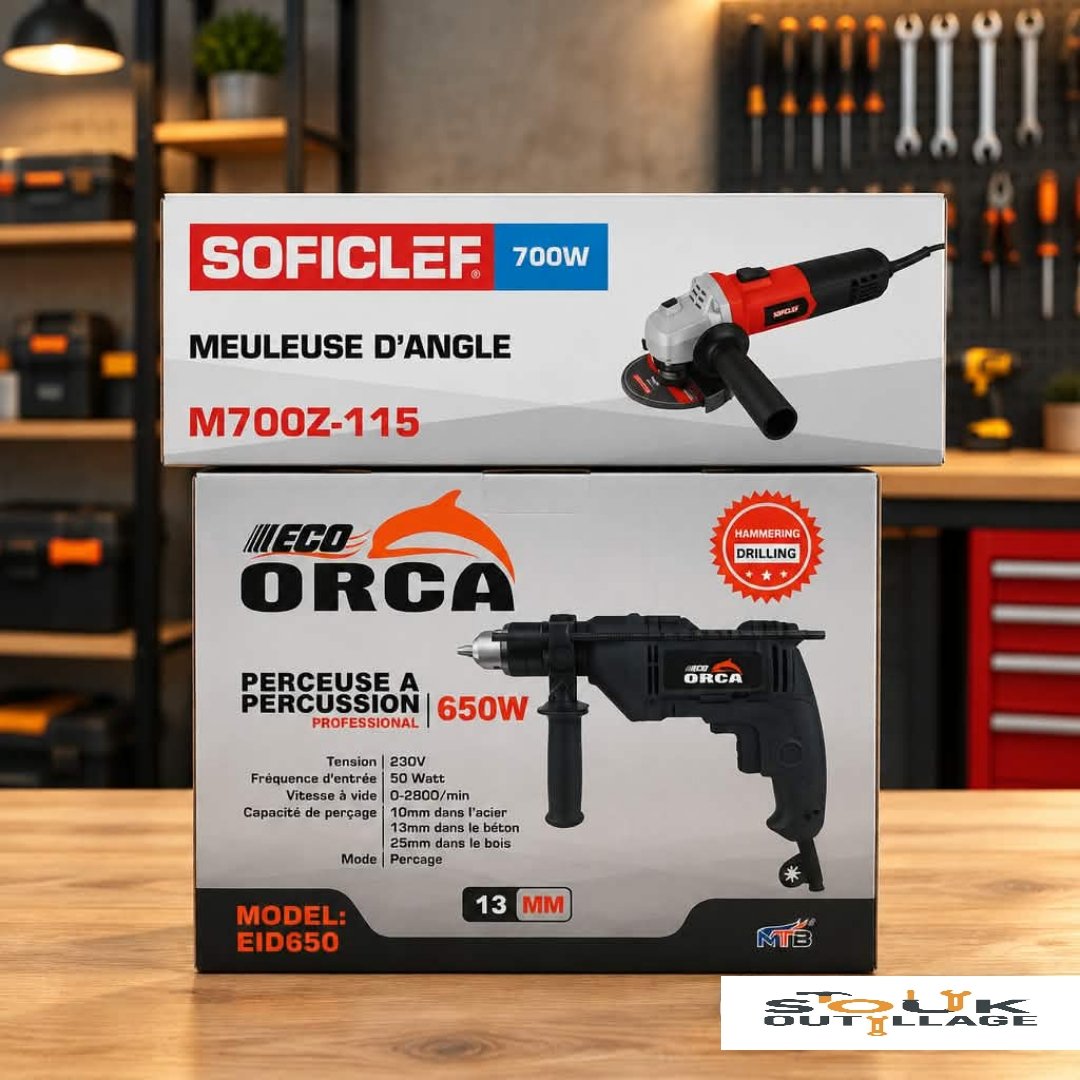 Pack Promo Meuleuse d’angle SOFICLEF 700W + Perceuse à percussion ORCA 650W
